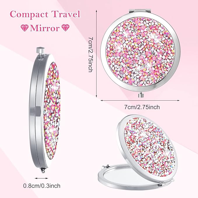 Maitys Compact Mirror Bulk for Purses Small Cosmetic Folding 2.75 Inch Round Diamond Bling 1X 2X Magnifying Pocket Makeup Mirror for Women Wedding Gift, Pink Silver