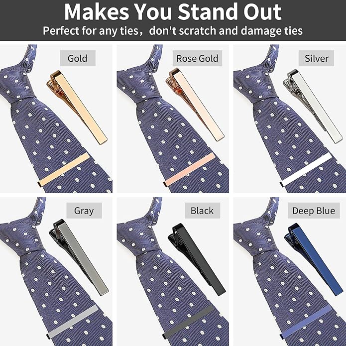 6 Pcs Tie Clips for Men, 6 Classic Colors Shiny & Glossy Tie Bar, Ideal for Father, Husband, Boyfriend, Business, Wedding, Tie Pins with Gift Box