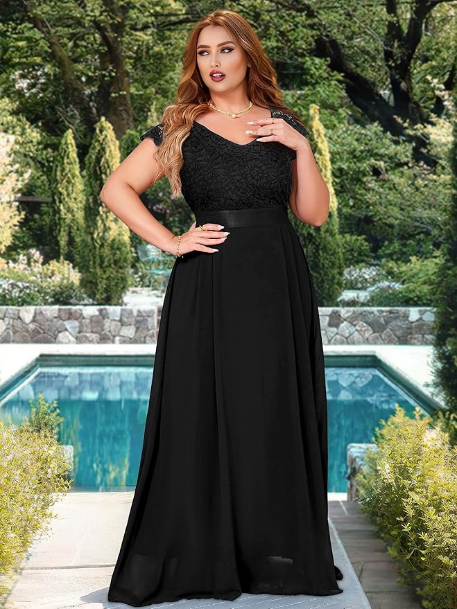 Miusol Women's Plus Size Cap Sleeve V Neck Floral Lace Ruffle Elegant Bridesmaid Evening Maxi Dress