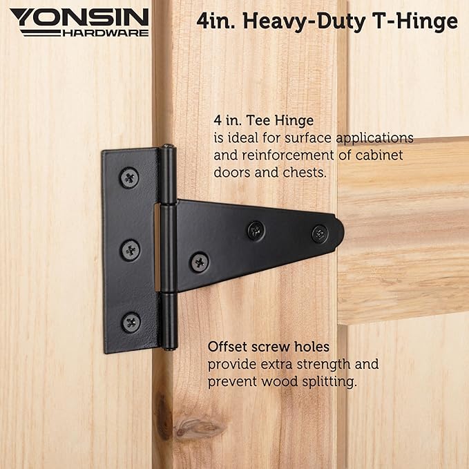 4" T-Strap Shed Door Hinges 2Pcs, Heavy Duty Black Tee Hings for Wooden Fence Gate, Outdoor T Hinges Barn Door Gate Hinges Hardware, Wrought Hinges Hardware, Thickness 2mm