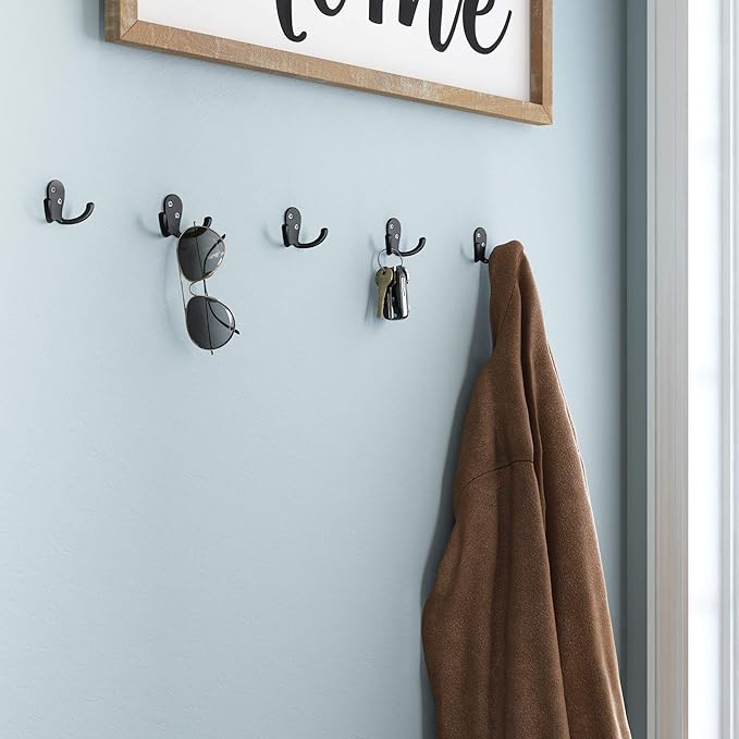 Franklin Brass (5-Pack) Double Wall Hooks 2-Prong Coat/Hat Matte Black Hooks for Hanging Wall Mount Hanger Clothes, Purse, Bag, Towel Organization Decorative Wall Hooks B59104M-FB-C