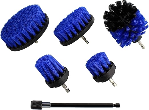 ABN 1/4in Drive Nylon Scrubber Drill Attachment Cleaning Brush 5pc Set with 1pc Extension - Blue Medium Bristle