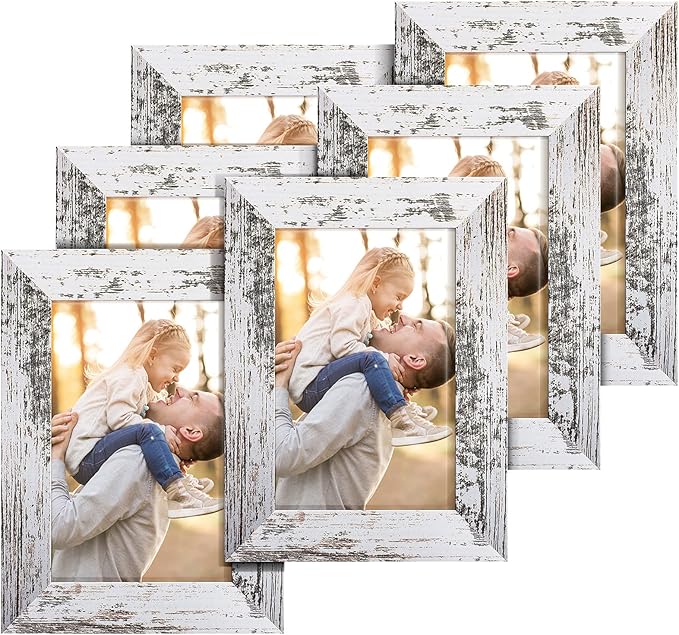 TWING 4 x 6 Rustic Picture Frames Set of 6, Farmehouse Photo Frame Collage For Wall Decor Mounting or Tabletop Display Distressed White, Ideal Valentine Gifts for HimHer