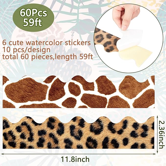 Classroom Bulletin Board Borders Safari Animal Classroom Borders for Wall Decorations DIY Leopard Tiger Cow Print Bulletin Board Sticker for School Jungle Decorations Supplies, 6 Styles (60 Pieces)