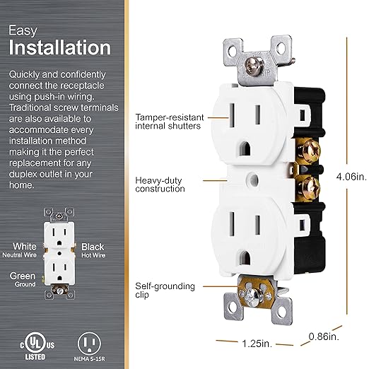 GE Grounding Duplex Outlet, In Wall Receptacle, Tamper Resistant Outlets, 3 Prong Electrical Socket, Easy Install, 15 Amp, UL Listed, White, 54263