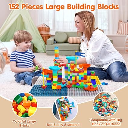 arscniek 7 in 1 Kids Activity Table and Chair Set with 152Pcs Large Marble Run Building Blocks, SandWater Table, Toddler Learning Play Table Toys for Girls Boys Toddler Age 3-7