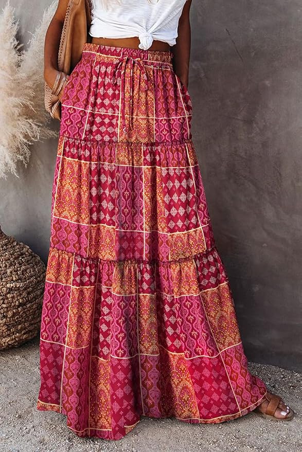 Happy Sailed Womens Floral Print Boho Maxi Skirt Elastic High Waist Pleated Ruffle Flowy Long Skirts S-XL