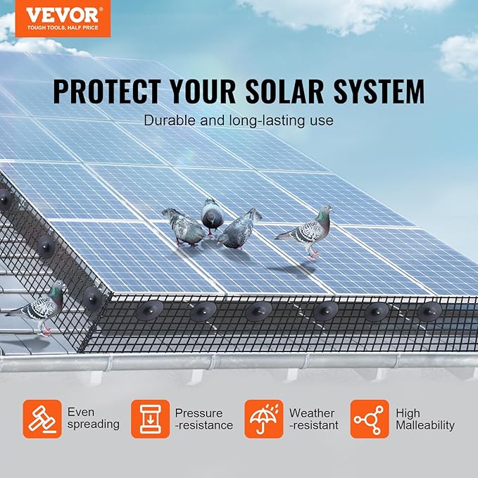 VEVOR 8in x 98ft Solar Panel Bird Guard, PVC Coated Wire Mesh Roll Kit with 100pcs Fasteners,Critter Fence,Pigeon Proofing, Black