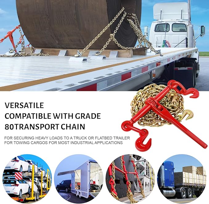 2 Pack Chain Binder, 516 to 38 Inch Chain Binder, Ratchet Binder with 5400LBS Safe Working Load and 19000LBS Breaking Strength, Load Binder for Industrial Agricultural Traction Applications