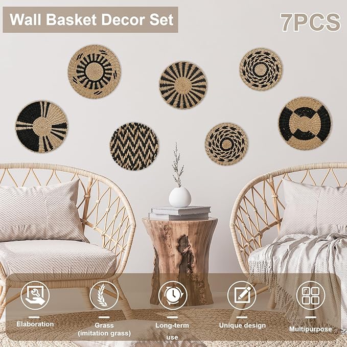 7 Pack Boho Wall Basket Decor, Hanging Woven Basket Wall Decor, Handmade Seagrass Rattan Wicker Wall Decoration, Round Rustic Bohemian Flat Seagrass Baskets for Home Living Room