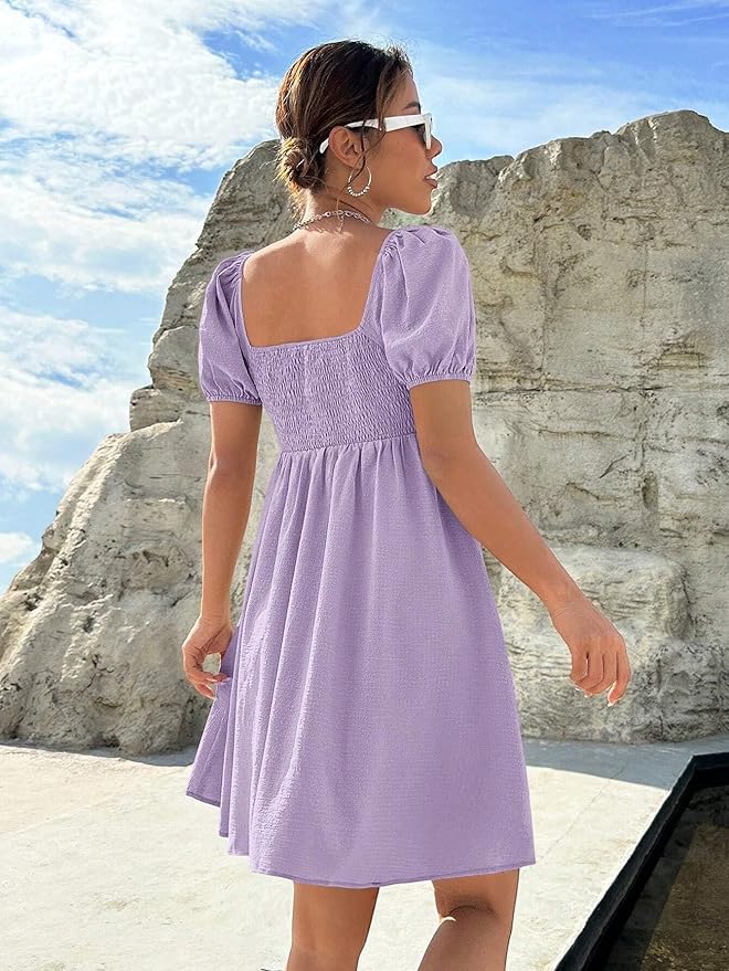 Women's Summer Sexy Formal Square Neck Puff Sleeve Ruched Bust Dress Cocktail Club Casual Party