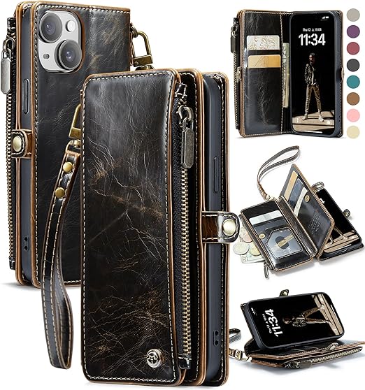 Defencase Compatible with iPhone 15 Case Wallet with RFID Blocking Card Holder for Women and Men, Fashion PU Leather Magnetic Snap Flip Zipper Strap Wallet Phone Case Fit for iPhone 15 6.1", Coffee