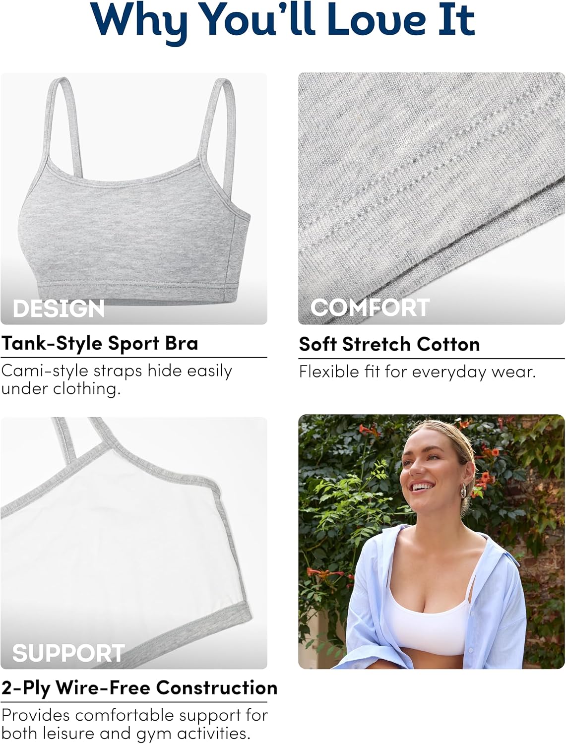 Fruit of the Loom Women's Spaghetti Strap Cotton Cami Sports Bra Multi-Pack