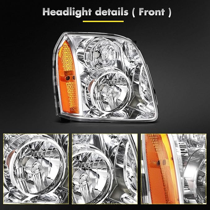Headlights Assembly Pair Fit For 2007-2014 For GMC Yukon 2007-2014 For GMC Yukon XL 1500 2007-2013 For GMC Yukon XL 2500 Chrome Housing Amber Reflector Clear Lens Replace 15861025 15861026