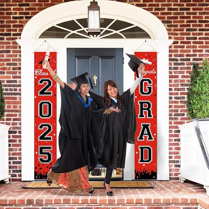 Graduation Decorations 2025, Graduation Banner Class of 2025, Hanging Congratulations/Congrats Grad Banner for Door and Porch, Party Decor - Red