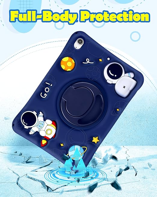 for iPad 10th Generation Case 10.9 Inch Boys Cute Astronaut Cover Kawaii 3D Cartoon Spacemen Cool Funny with Rotating Handle Stand + Strap Soft Silicone Funda for Apple iPad 10th Gen Cases