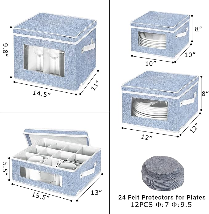 China Storage Containers,Wine Glass Mug Plate Dish Stemware Storage Box with Dividers,Hard Shell Dinnerware Case with 24 Felt Protectors for Crystal Glassware,Coffee Cup,Bowl Packing Moving (Blue)
