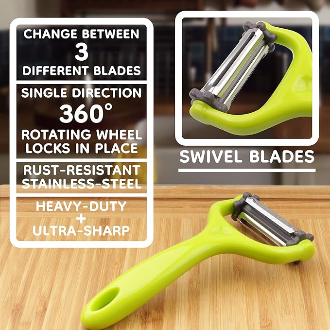 Y Shape 3-in-1 Serrated, Straight, Julienne Swiveled Multi-Blade Peeler - Green - 1 Peeler