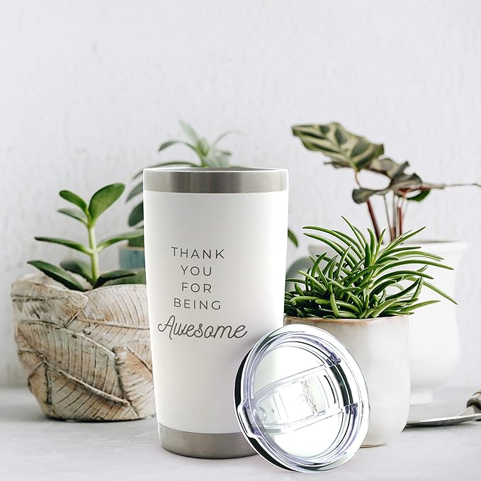 Thank You for Being Awesome - 20 oz white insulated stainless steel cup with lid, gratitude gift for employees or coworkers, birthday gift ideas for women,