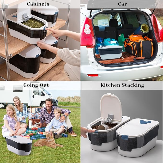 BNOSDM Cartoon Cat Food Storage Container 10-15 Lbs Dog Food Bin with Spring Lid and Cute Scoop, Plastic Pet Storage Container for Cat Dog Bird Dry Food (Blue)