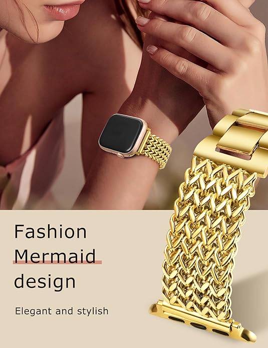Minyee Compatible with Apple Watch Band 4140384445464942mm Women, Dressy Stainless Steel Metal Chain Strap Mermaid Designer Link Bracelet Wristband for iWatch Series 10 9 8 7 6 5 4 3 Ultra SE