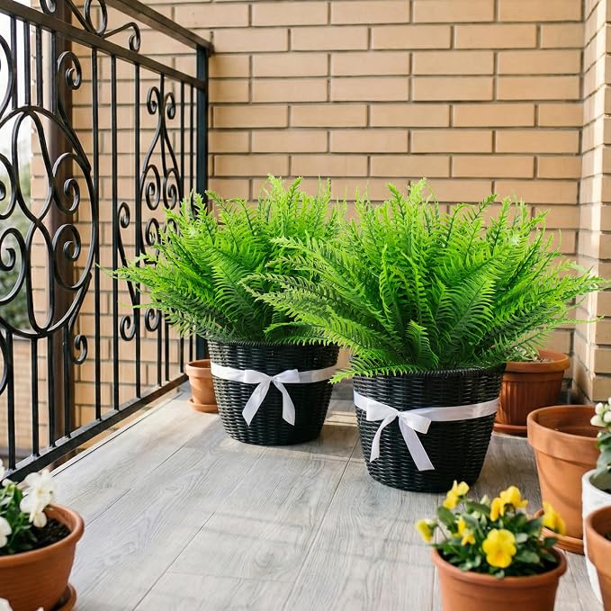 lovemoon 12 Pcs Fake Ferns for Outdoors UV Resistant Faux Fern Plants, Artificial Greenery Fern Stmes for Outside, Garden Porch & Patio Greenery Decor (12, Light Green)