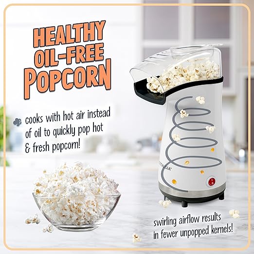 Nostalgia 16 Cup Hot Air Popcorn Maker | Makes Hot, Healthy Popcorn, No Oil Needed | Measuring Cap for Kernels Included | Stainless Steel |White