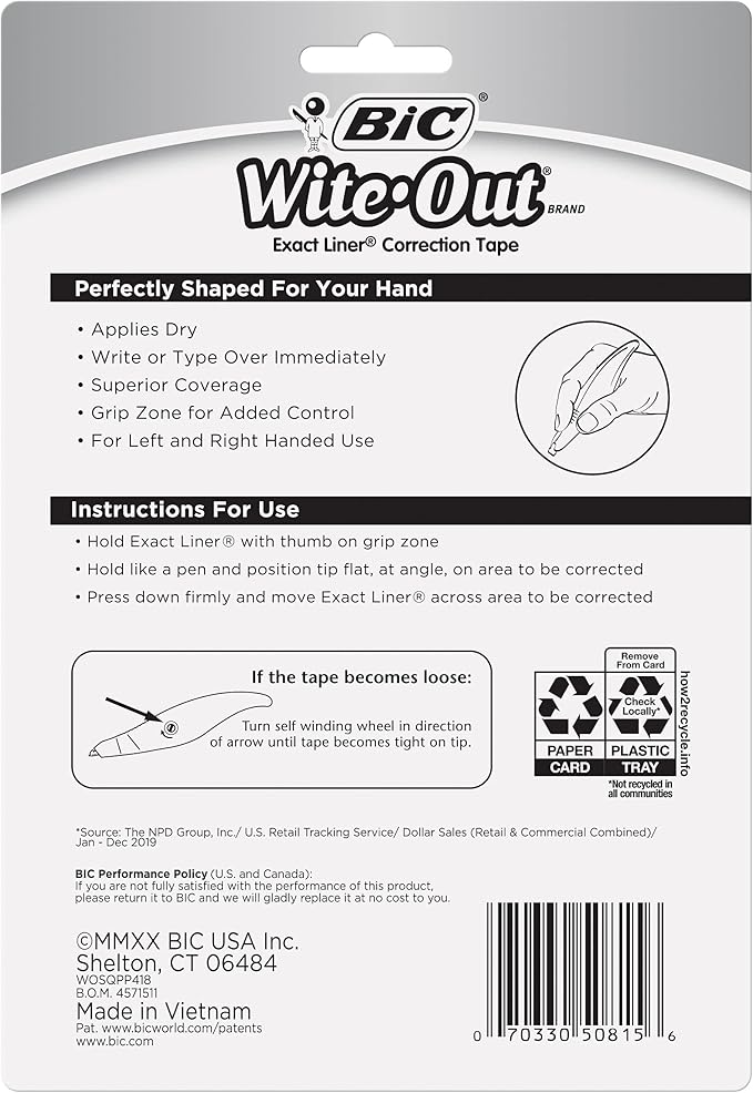 BIC Wite-Out Brand Exact Liner Correction Tape, 19.8 Feet, 4-Count Pack of white Correction Tape, Fast, Clean and Easy to Use Tear-Resistant Tape Office or School Supplies