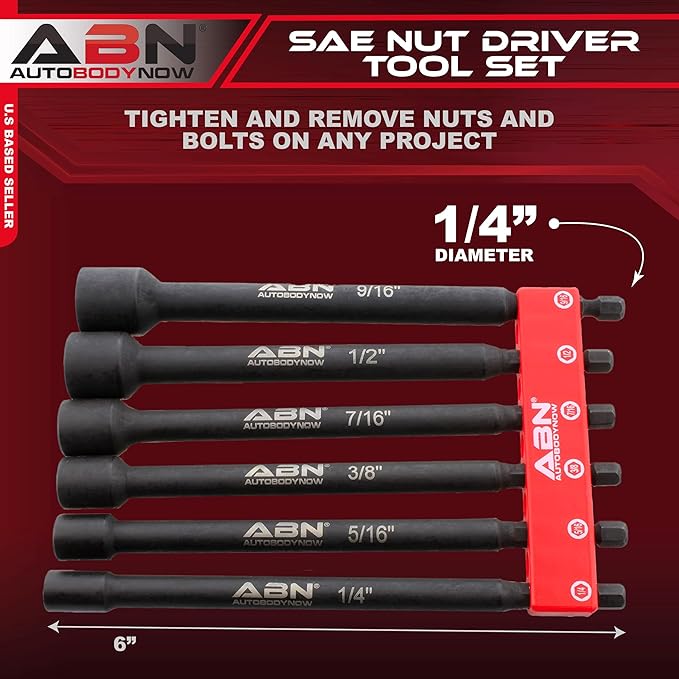 ABN Impact Nut Driver Tool Set - 6pc SAE 6 IN Long Shank Nut Driver Bits Magnetic Tip Sockets, 14 IN Hex Shank