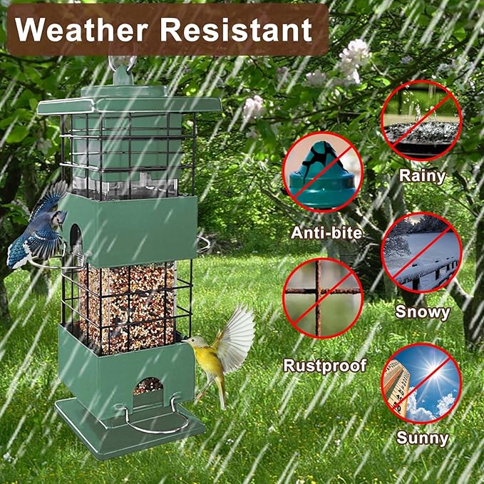 Bird Feeder Squirrel Proof, 3LBS Metal Anti-Squirrel Feeder for Outdoors Hanging, Wild Birdseed for Finch Cardinal Blue Jay Outside (Green)