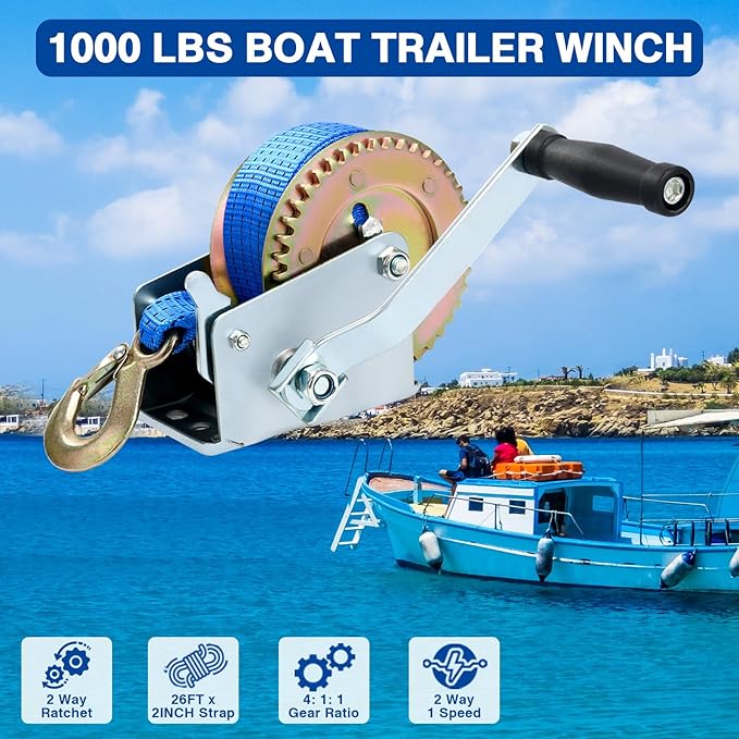 8milelake 1000lbs Hand Winch Hand Crank Strap Gear Winch Polyester Strap ATV Boat Trailer Heavy Duty