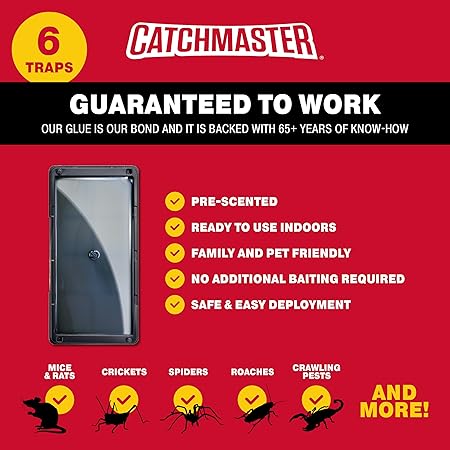 Catchmaster Rat, Snake and Mouse Traps 6Pk, Large Bulk Glue Rat Traps for Home, Pre-Scented Adhesive Plastic Tray for Inside House, Snake, Mice, Spider Catcher, Pet Safe Pest Control