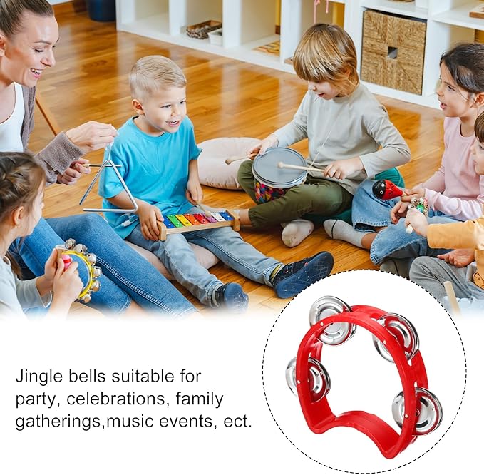 PATIKIL Tambourine, Jingle Bells Wrist Bells Hand Bell Percussion Instruments Musical Rhythm Band Plastic for Adults Church Birthday Party Christmas, Red