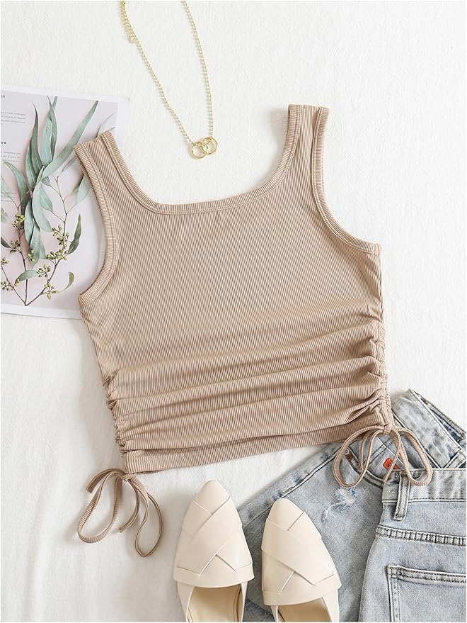 OYOANGLE Women's Ruched Drawstring Side Tank Top Square Neck Sleeveless Summer Crop Tops