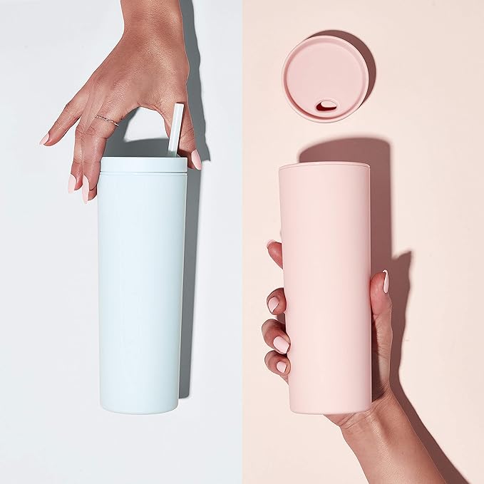 Maars Skinny Acrylic Tumbler with Lid and Straw 18oz Premium Insulated Double Wall Plastic Reusable Cups - Clear, 2 Pack