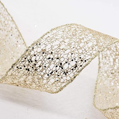 CT CRAFT LLC Sparkling Glitter Mesh Wired Ribbon 2.5" x 10 Yards Champagne Gold for Christmas Home Decor Bow Gift Wrapping DIY Crafts Wreath