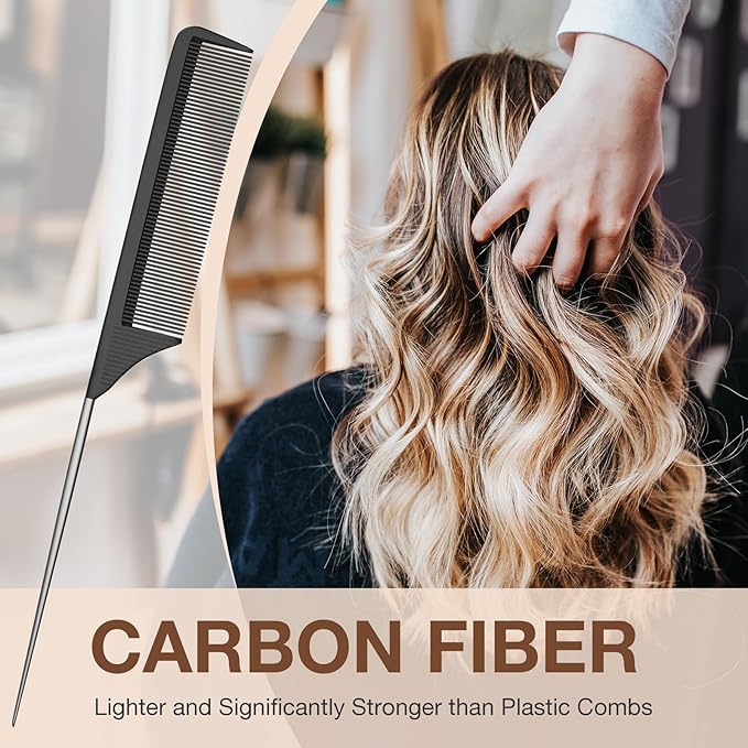 Rat Tail Comb Steel Pin Rat Tail Carbon Fiber Heat Resistant Teasing Combs with Stainless Steel Pintail