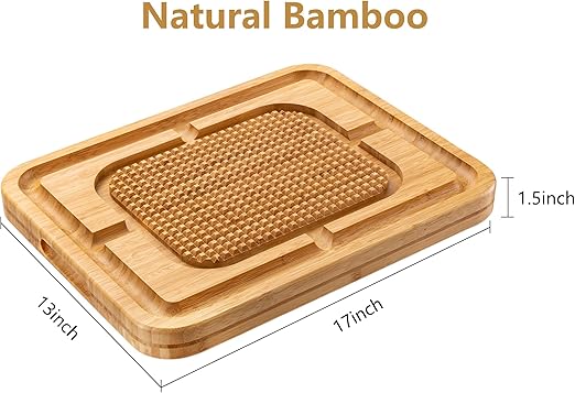 eletecpro Turkey Cutting Board with Grid Grip, Large 17x13x1.5 Inch Bamboo Steak Carving Board, Thick Butcher Block Reversible with Deep Juice Drip Grooves, Thick Serving Tray,Natural