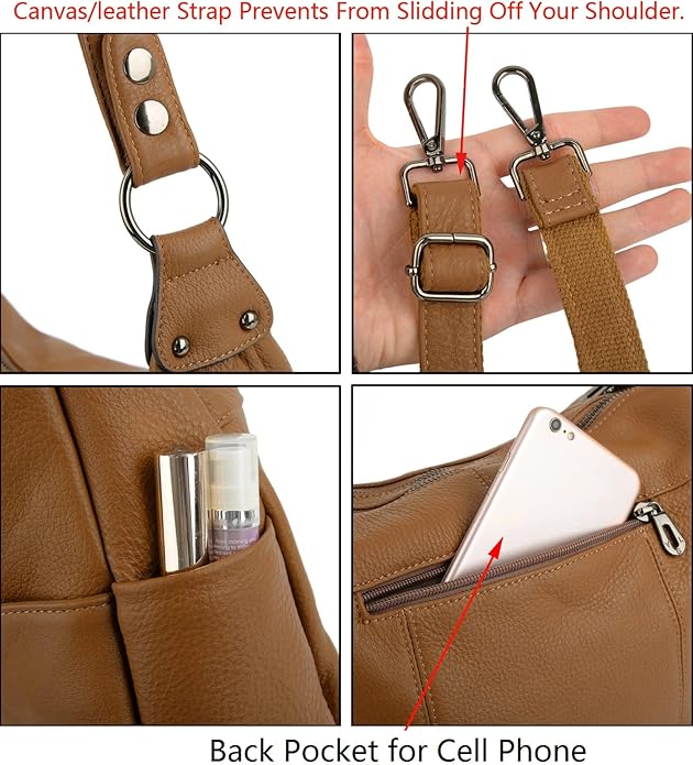 YALUXE Women's Genuine Leather Shoulder Bags Hobo Handbags Purses with Double Zipper Pockets and Crossbody Strap