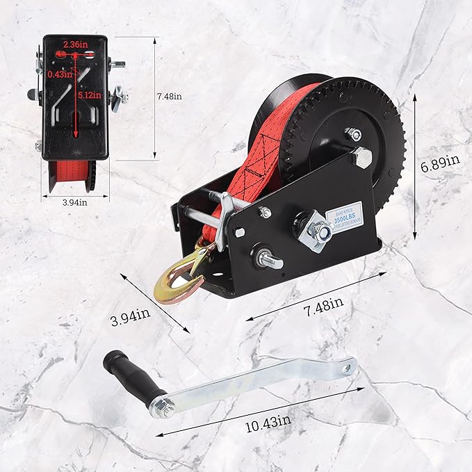 3500lbs Capacity Boat Trailer Winch Heavy Duty Hand Winch with 33ft Polyester Strap,Ratio 4:1/8:1 Gear Crank Strap Gear Winch Two-Way Ratchet with Hook for Boat Trailers ATV RV Truck