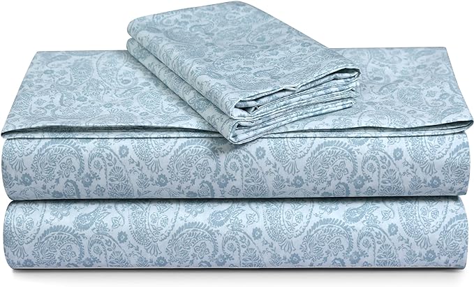 Tribeca Living Cotton Percale California King Size Bed Sheet Set, 300 Thread Count, Extra Deep Pockets, Printed Danielle Paisley Blue