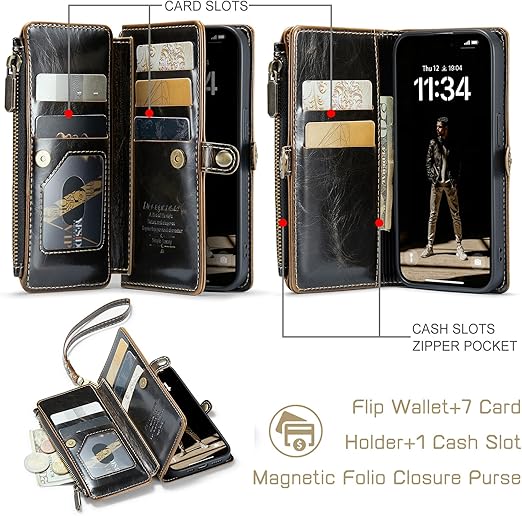 Defencase Compatible with iPhone 15 Case Wallet with RFID Blocking Card Holder for Women and Men, Fashion PU Leather Magnetic Snap Flip Zipper Strap Wallet Phone Case Fit for iPhone 15 6.1", Coffee