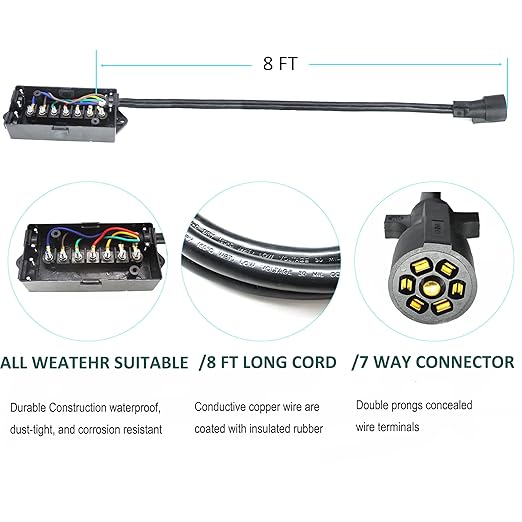 X-Haibei 7 Way Trailer Plug Inline Cord 8 Feet Connector Cord 7 Pin Wiring Harness with 7 Gang Waterproof Junction Box Black