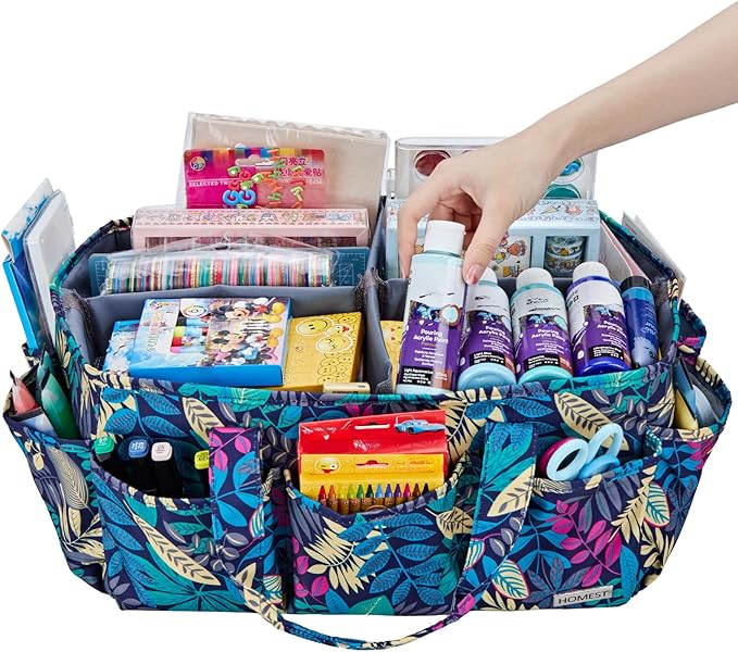 HOMEST Craft Organizer Tote Bag with Multiple Pockets, Storage Art Caddy for Scrapbooking, Crafts Supply Carrier for Tools, Floral