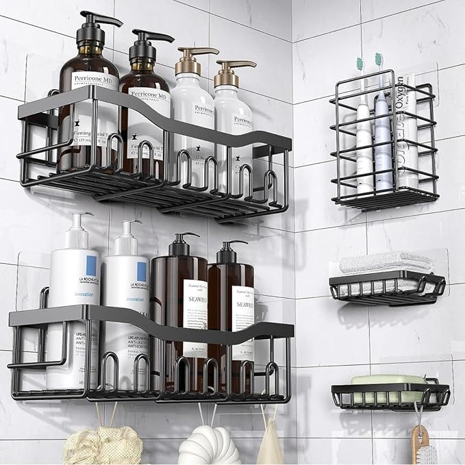 Non-perforated bathroom storage shelves, black shower racks, toilet wall mounted shelves, wash storage, five-piece stainless steel bathroom organizers, Toothbrush holder