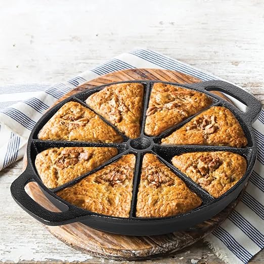 WUWEOT Cast Iron Wedge Pan, Non stick Round Corn Bread Skillet, Black 8-edges Biscuit Pan with Double Handles for Scones, Corn Stick Pan, Muffins, Cup Cakes and Brownies