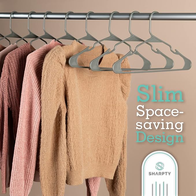 Sharpty Plastic Hangers Clothes Hangers for Clothing, Closet, Coats Shirts - Notched, Durable, Thick, Tough Space Saving - for Everyday Standard Use, Room Essentials Basics - 20 Pack - Grey