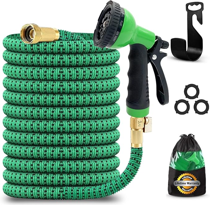 JB XpandaHose 100ft Expandable Garden Hose with Holder - Heavy Duty Superior Strength 3750D - 4 -Layer Latex Core - Extra Strong Brass Connectors and 10 Spray Nozzle wStorage Bag (Green 100)