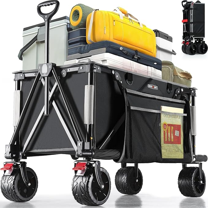 Overmont Collapsible Wagon Cart with Wheels - Foldable Heavy Duty Wagon with Big All-Terrain Wheels - 330Lbs Weight Capacity with Side Pockets for Camping Sports Garden Grocery Shopping Black