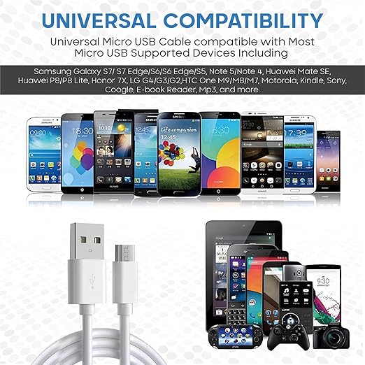3.3ft 2 Pack Micro USB Charger Cable for Samsung Galaxy S7 Edge S6 S5, High Speed Data Transfer, Fast Charge, 480Mbps, White